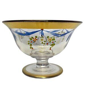 Hand-Painted Glass Compote Dish with Floral and Gold Accents, European Style
